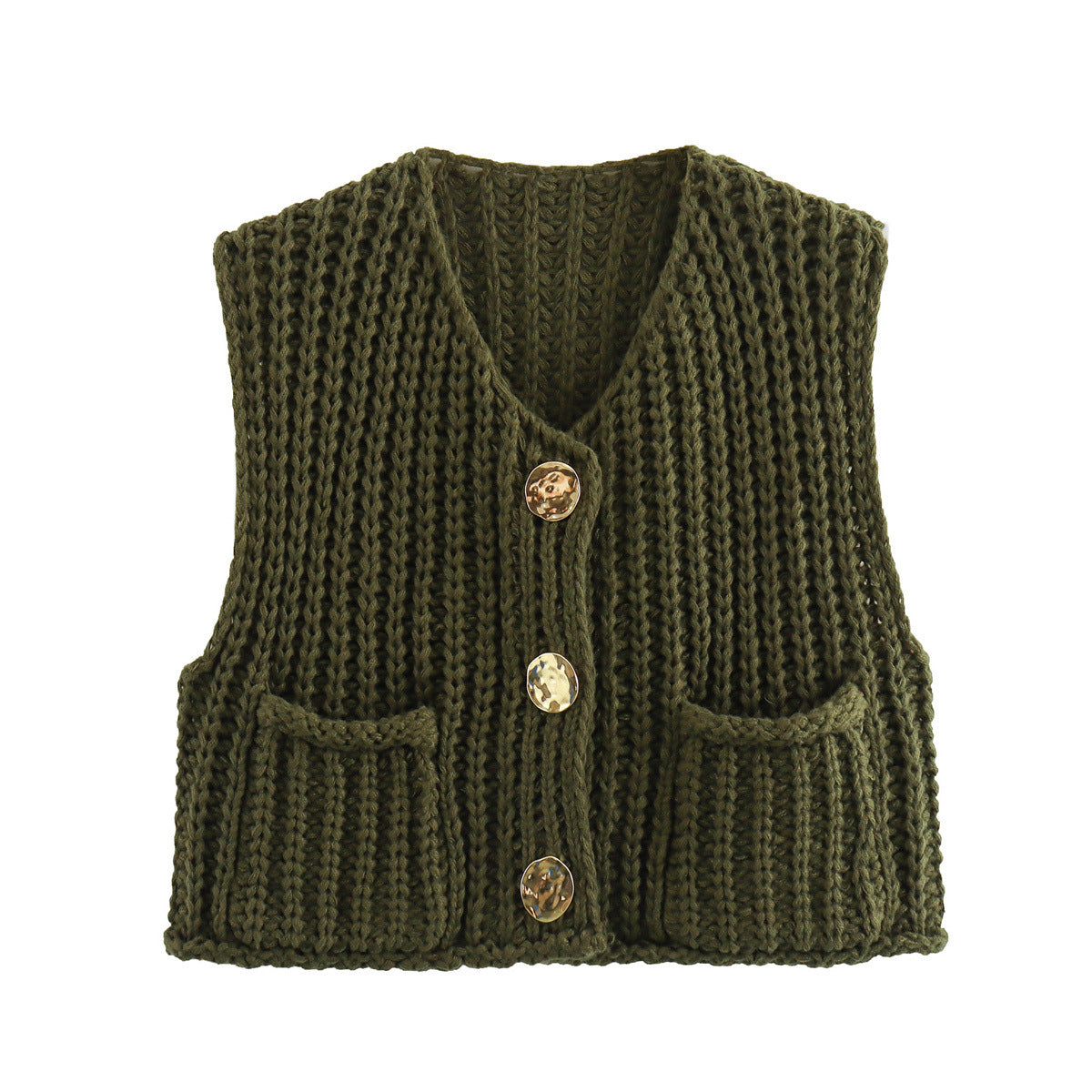 Women's Pocket Sleeveless Short Knitted Cardigan Vest Shirt