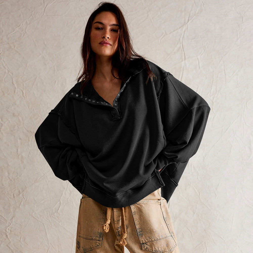Fashion Button Lapel Sweatshirt With Slit Design Casual Sports