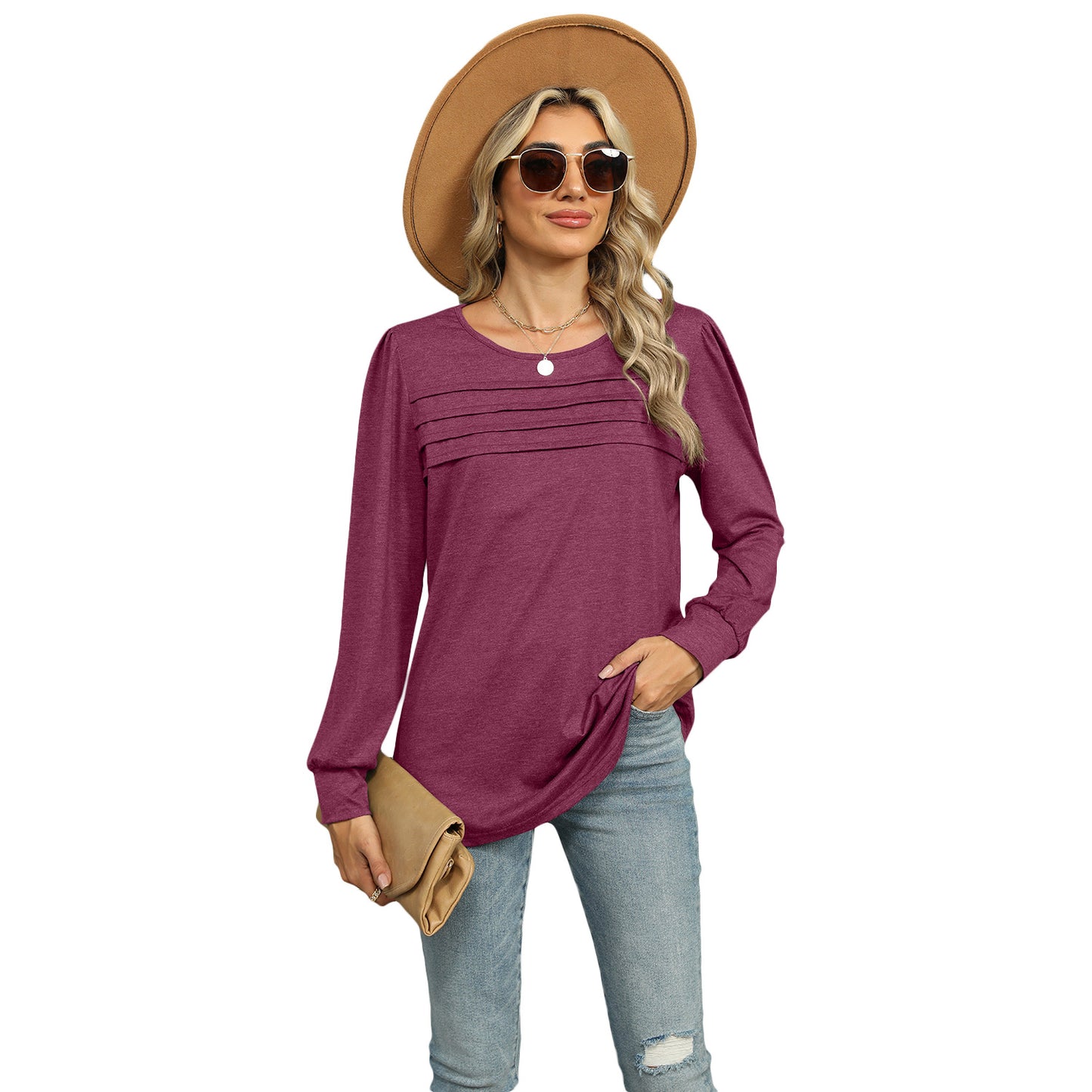 Solid Color U-neck Pleated Long-sleeved Top