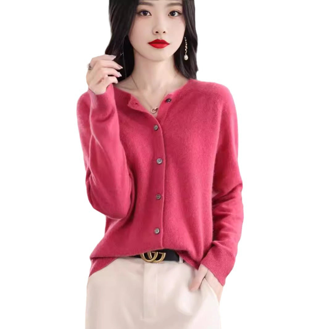 Fashion Merino Wool Cardigan Sweater Women O-Neck