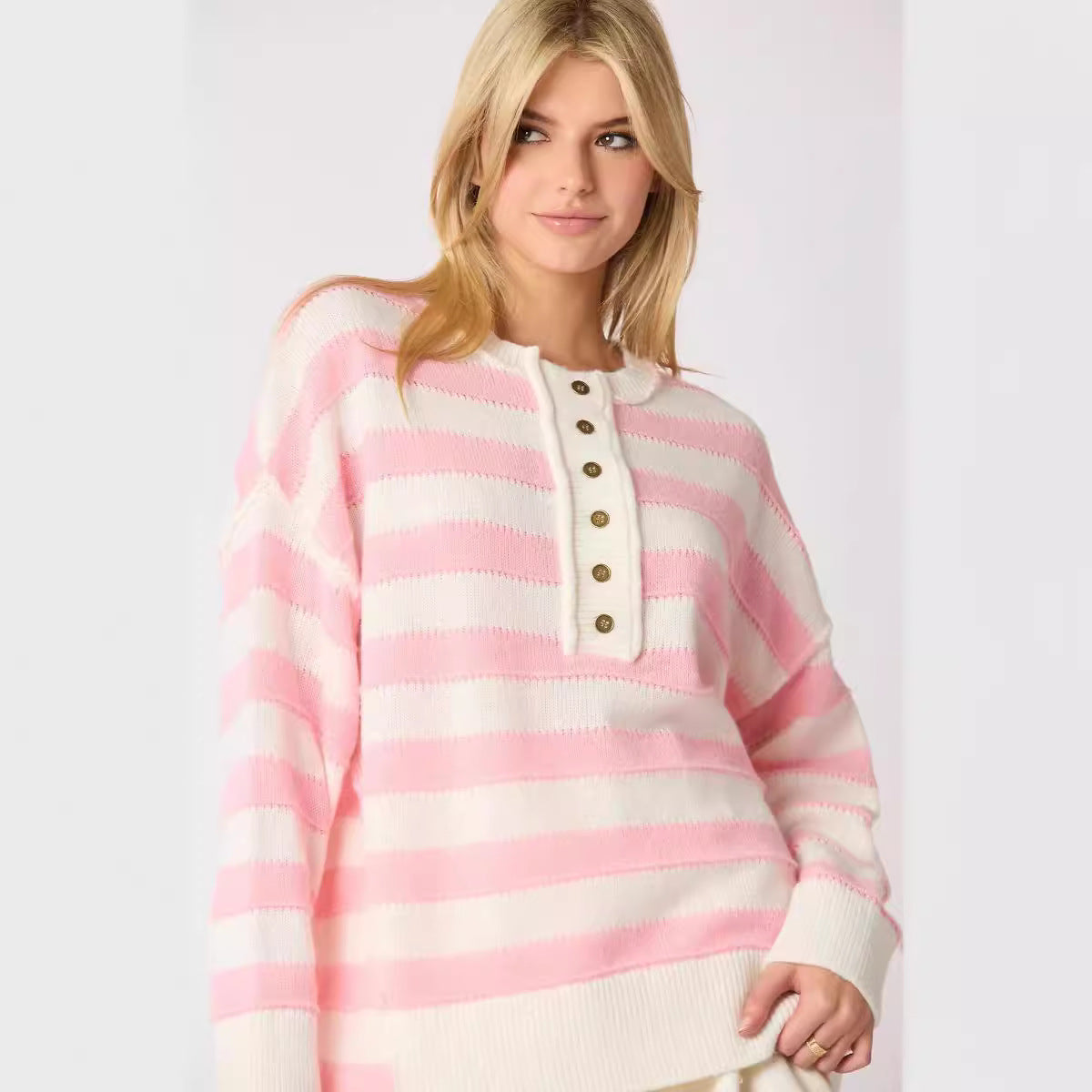 Loose Multicolor Knitted Sweater Long Sleeve Top