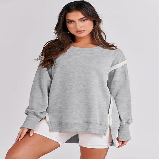 Round Neck Long Sleeve Hem Split Patchwork Sweater