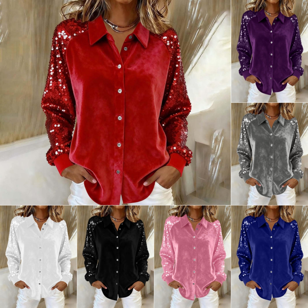 Women's Fashion Sequins Long Sleeve Blouses  Turn-down Collar
