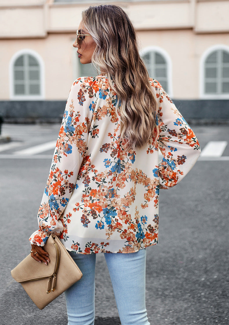 Women's Tops Casual Floral Print V Neck Long Sleeve Shirts