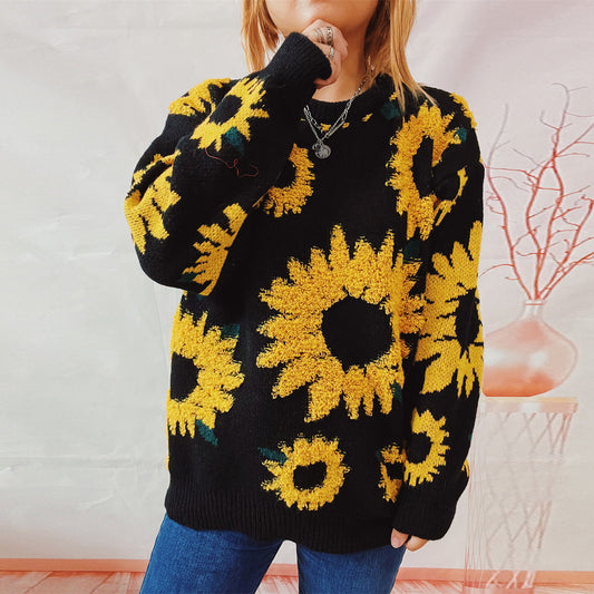Women's Fashion Casual Sunflower Jacquard Sweater