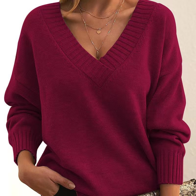 Solid V-neck Sweater Fashion Loose Long-sleeved Knitted