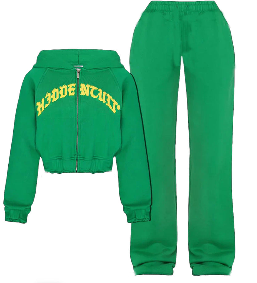 Ins Letter Sports Suit Zip-up Hooded Cropped Sweatshirt