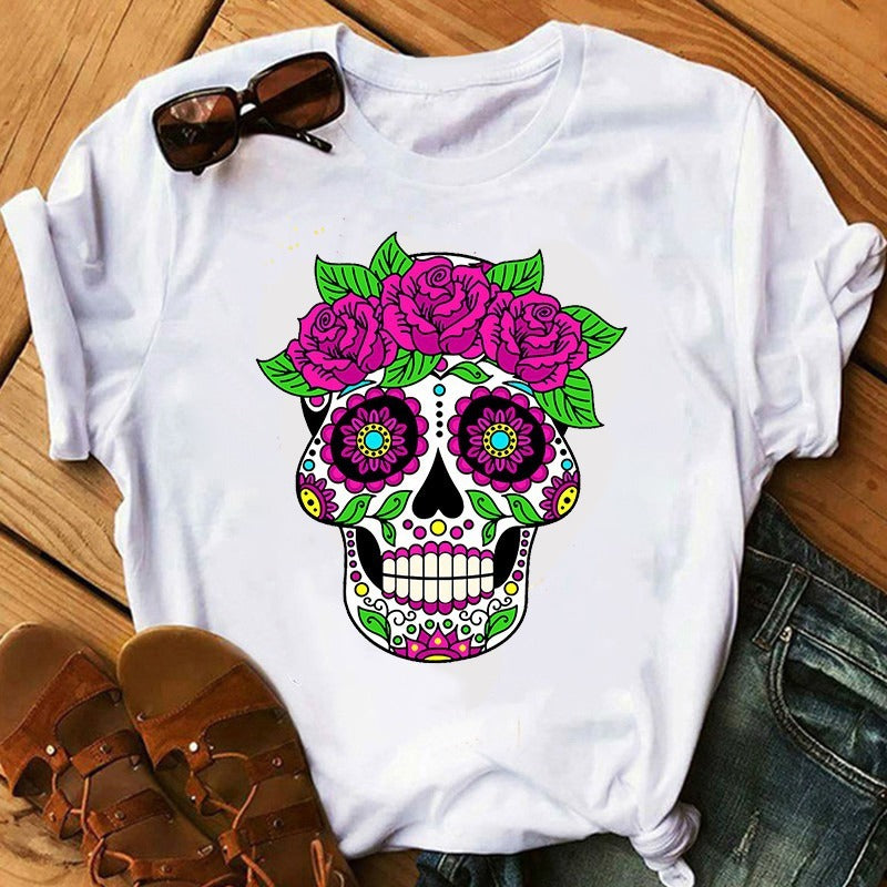 Women's Color Skull Print Short-sleeved T-shirt