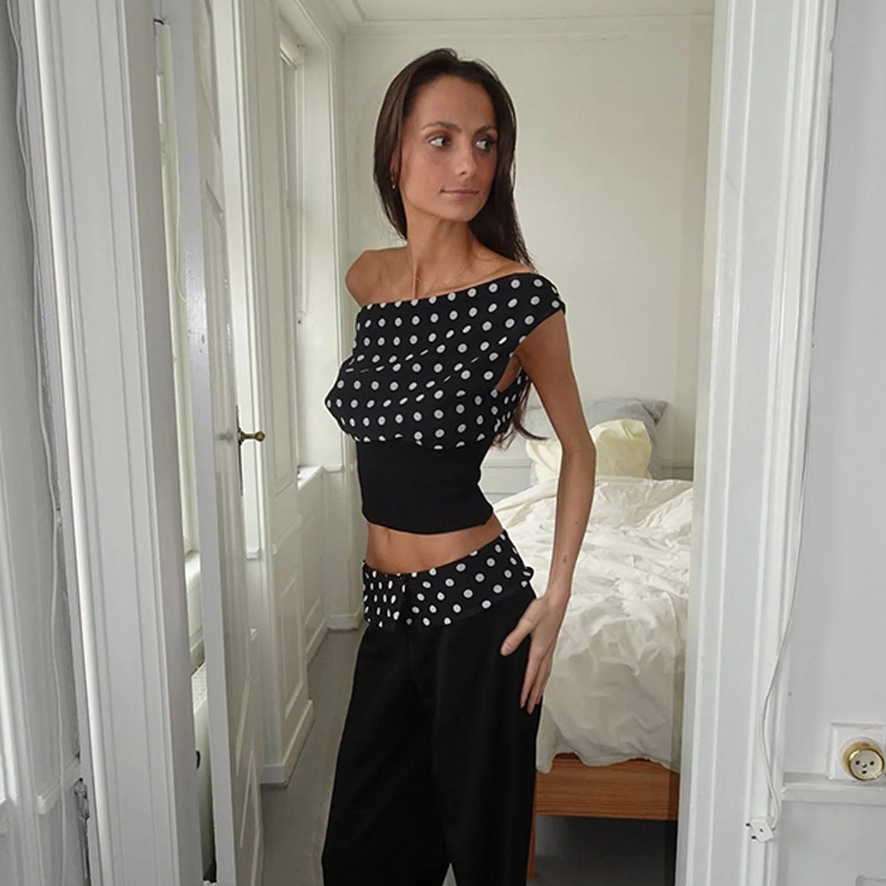 Polka Dots Print Oblique Shoulder Tops