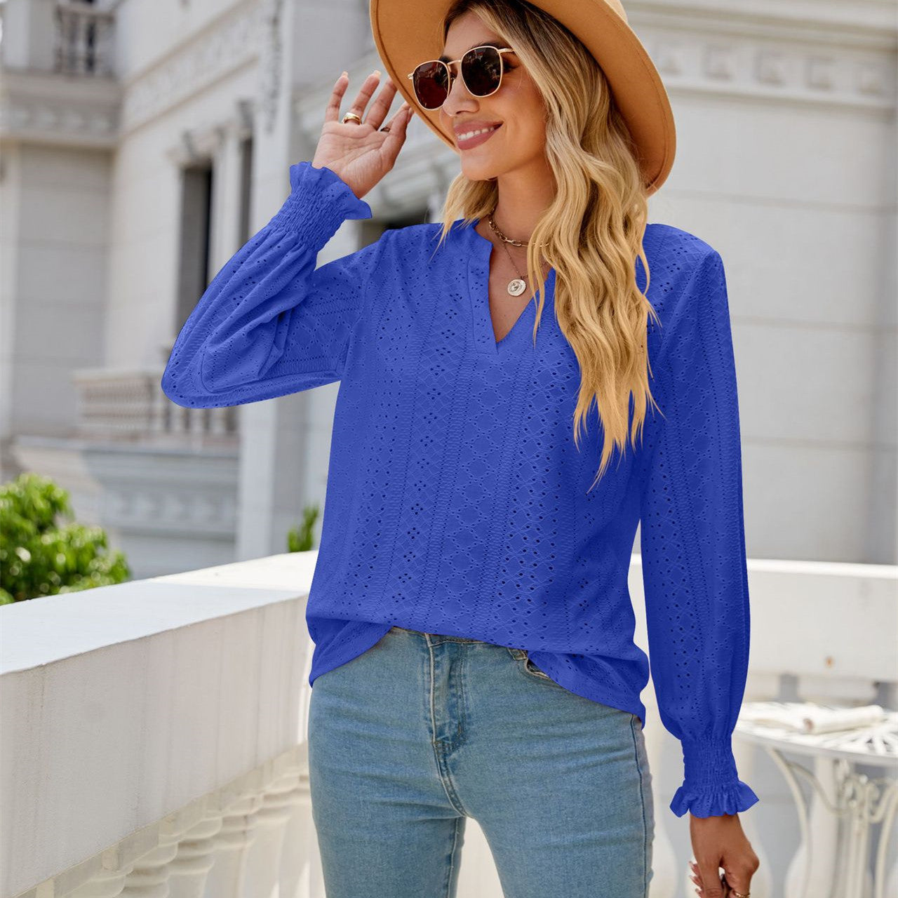 Solid Color Hollow-out Pleated Ruffle Shirts Sleeve V-neck