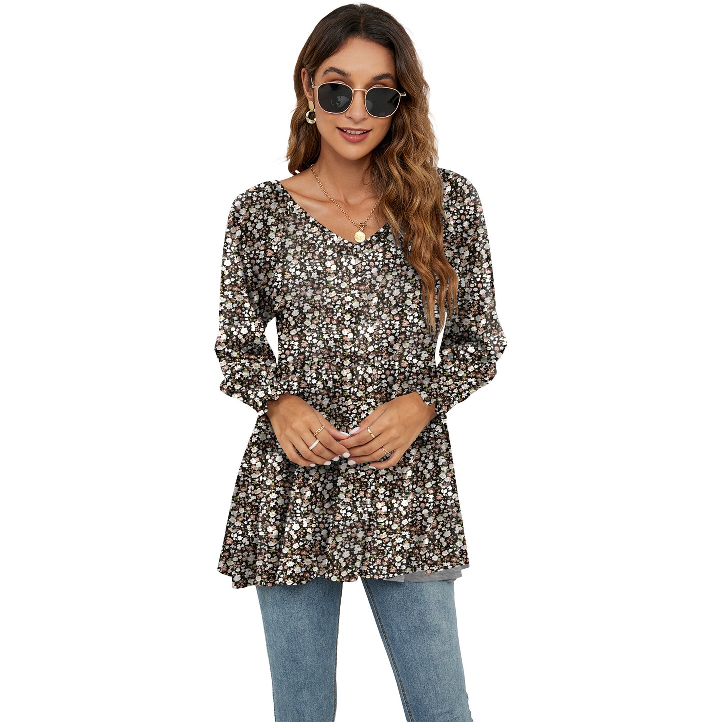 Long Puff Sleeve Tops Women Flowers Print Casual V-Neck
