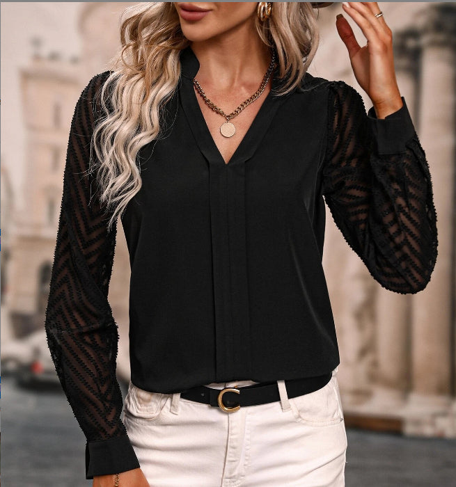 V-neck Long-sleeved Chiffon Shirt Lace Stitching  Tops