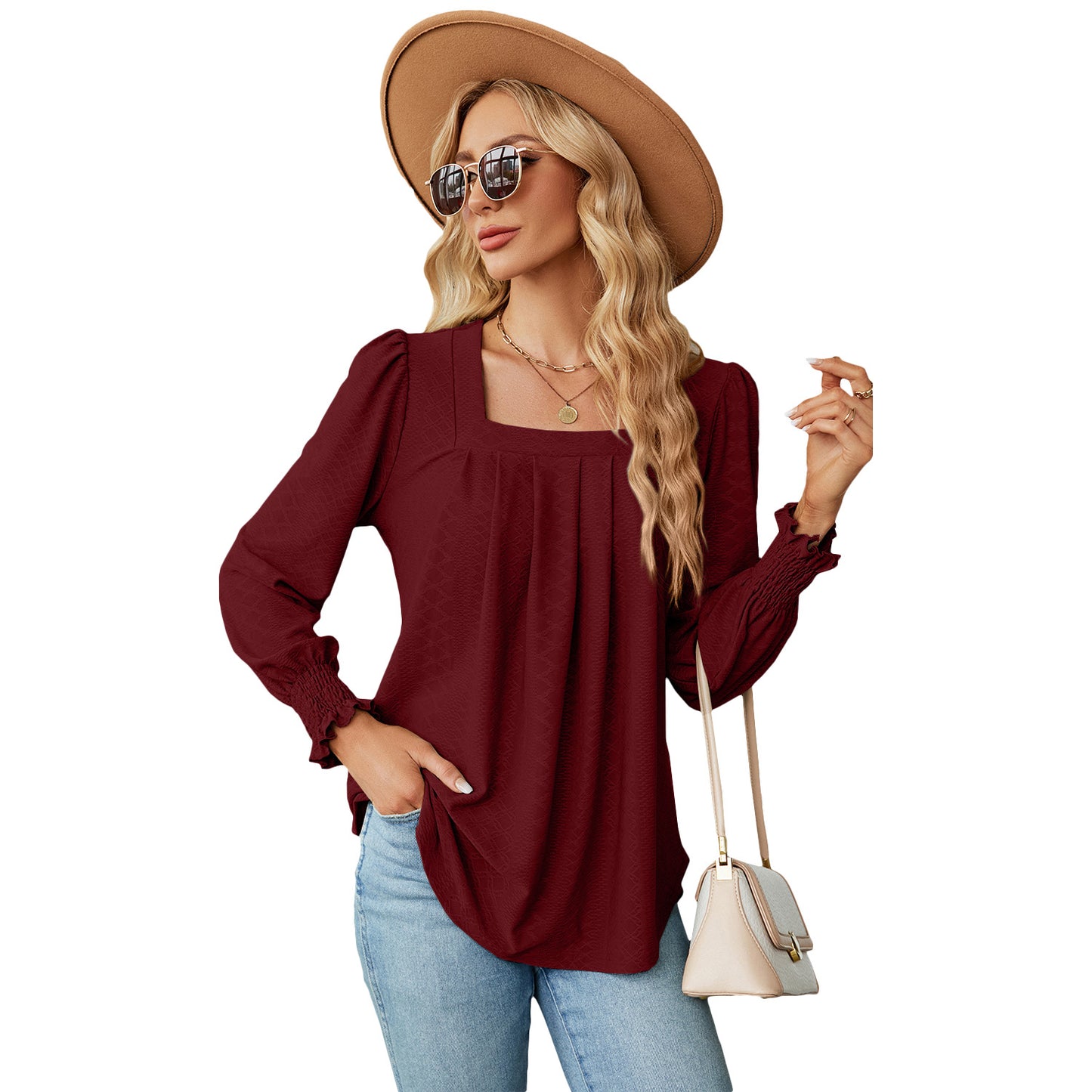 New Jacquard Pleated Square Neck T-shirt Fashion
