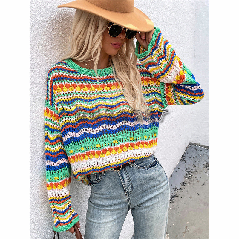 Stitching Sweater Loose Inter-color Rainbow Striped