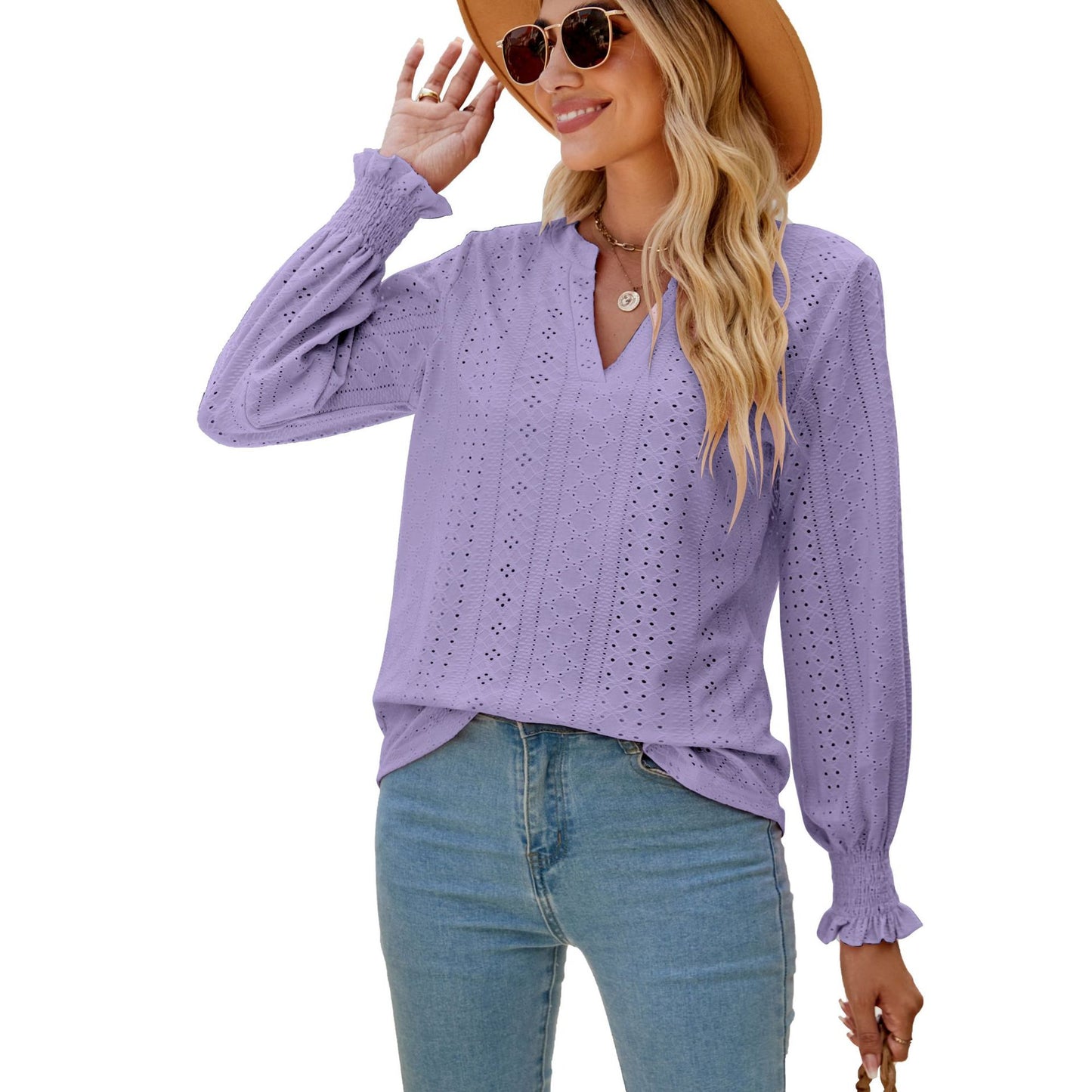 Solid Color Hollow-out Pleated Ruffle Shirts Sleeve V-neck
