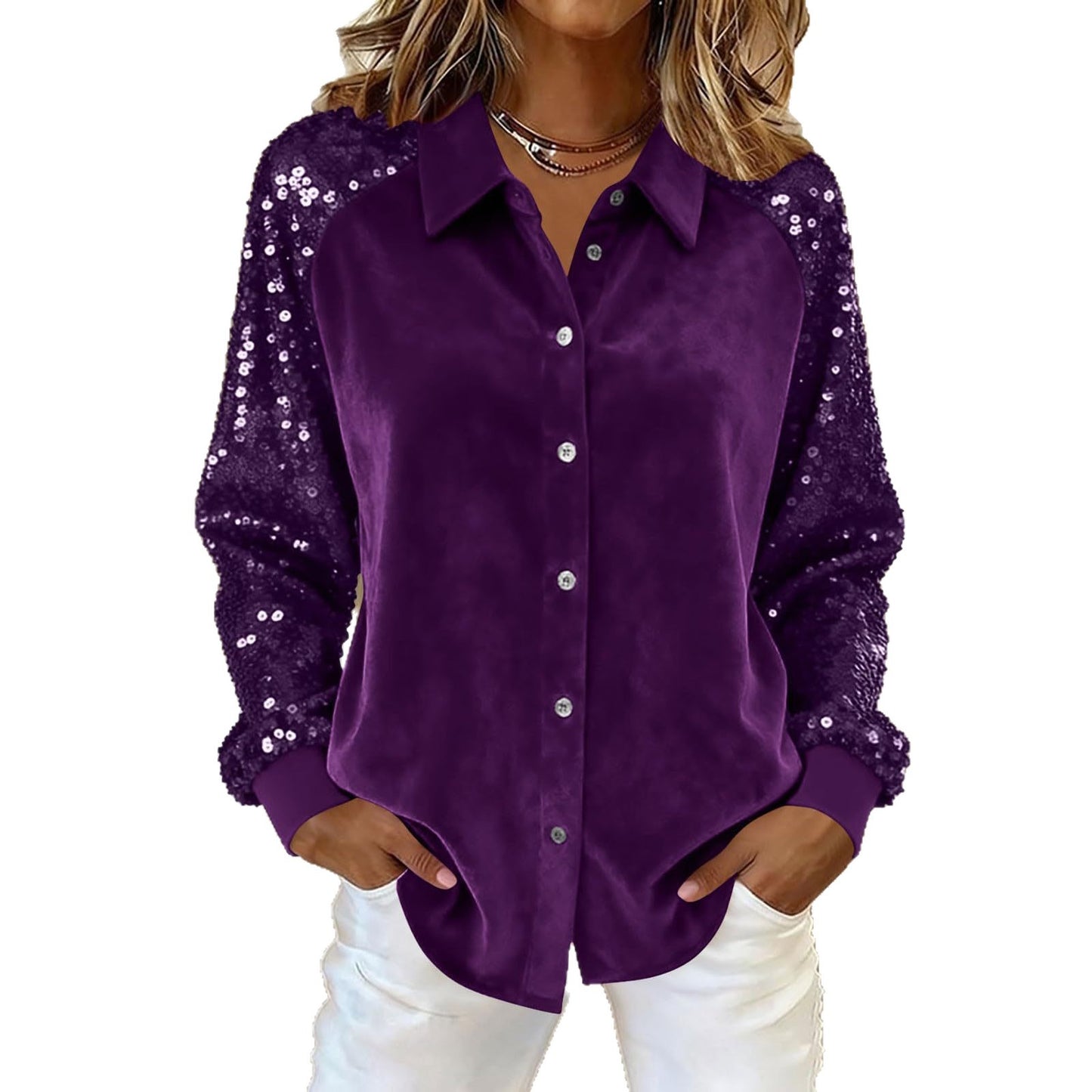 Women's Fashion Sequins Long Sleeve Blouses  Turn-down Collar