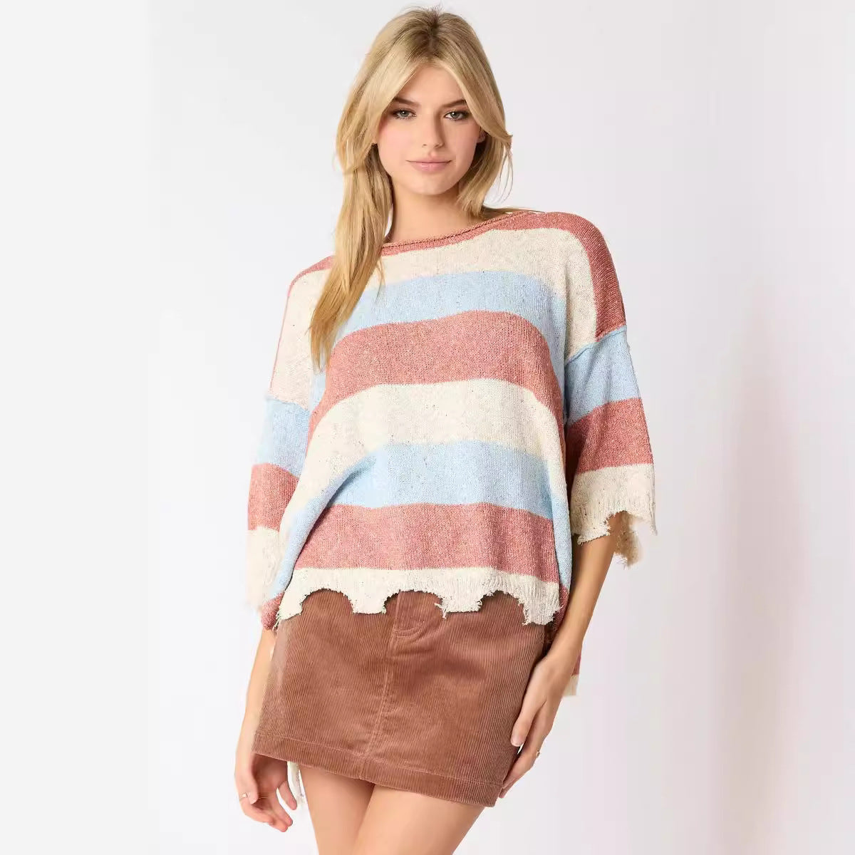 Women's Multi-color Stripe Contrast Color Short-sleeved
