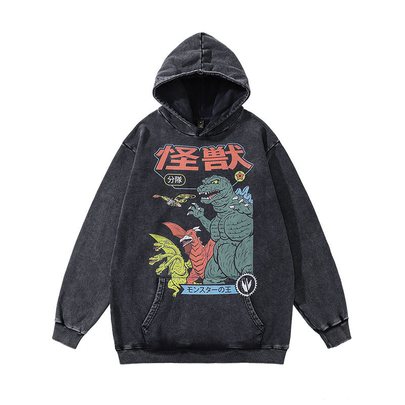 Punk Skull Print Heavy Distressed Hooded Sweater For Men