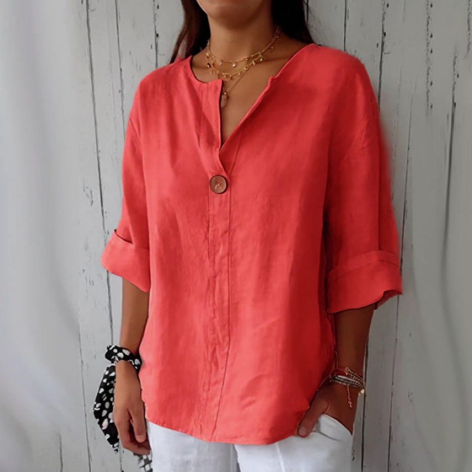 V-neck Long-sleeved T-shirt Fashion Loose Cotton And Linen