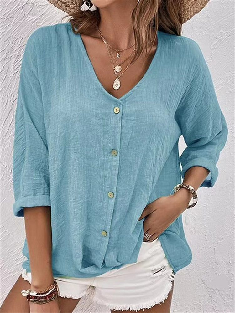 V-neck Long-sleeved T-shirt Fashion Solid Color