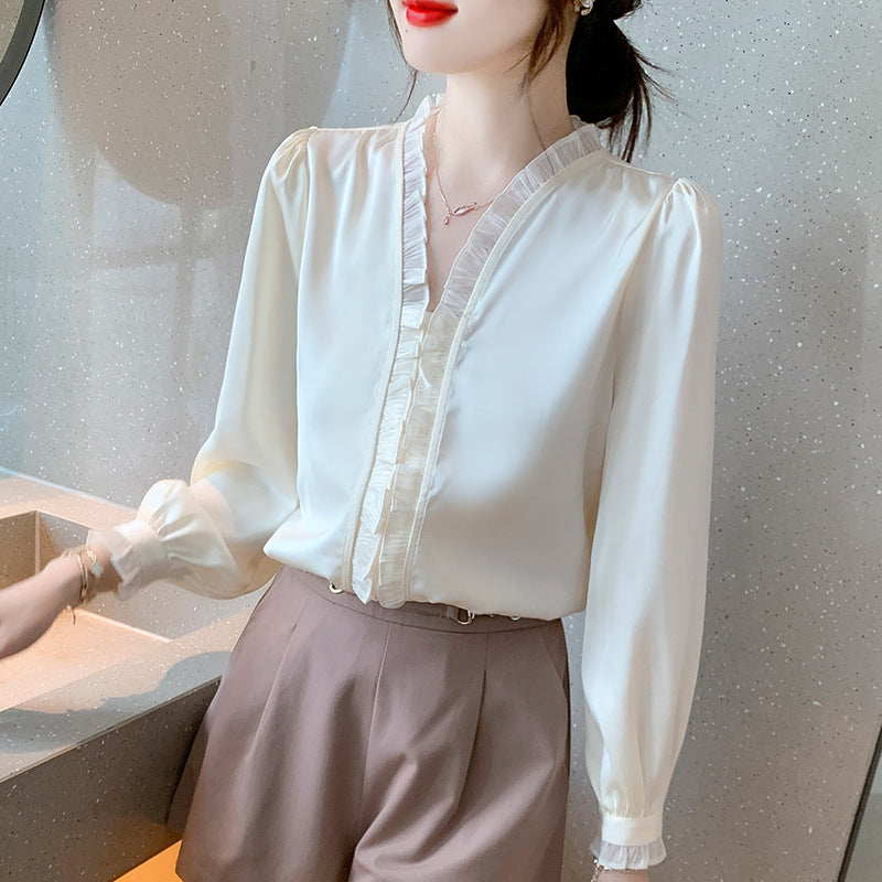 Sweet Wood Ear Chiffon White Shirt Women