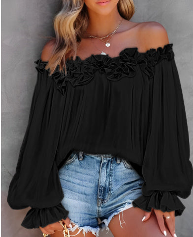Casual Blouses Shoulder Off-Shoulder Long Sleeve Top Lotus
