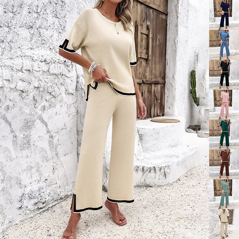 2Pcs Black Striped Knitted Suit Summer Casual Temperament