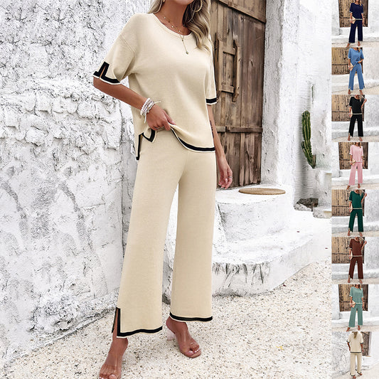 2Pcs Black Striped Knitted Suit Summer Casual Temperament