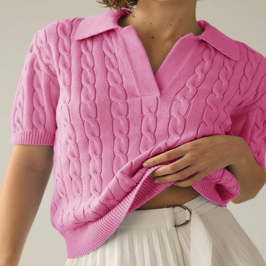 Women's Polo Collar Short-sleeved Knitted Sweater Pullover