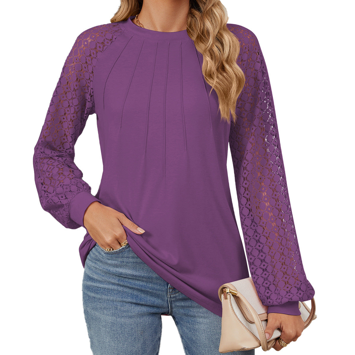 New Lace Long Sleeve Round Neck T-shirt Fashion Loose