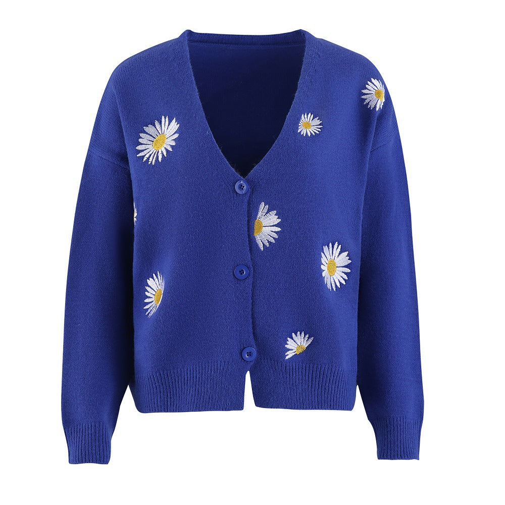 Women's Single Breasted Sweater Chrysanthemum Embroidered