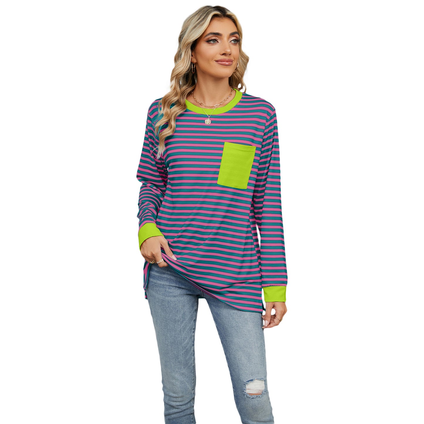 Women's Round Neck Pocket Split Upper Clothes