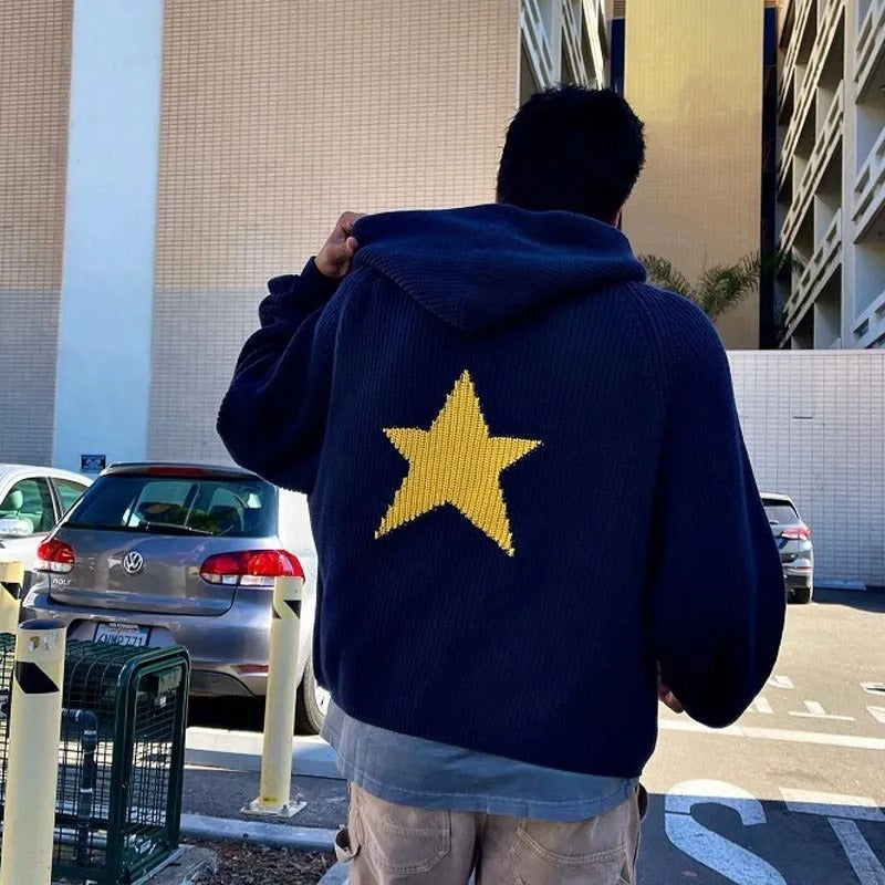 Female Star Sunken Stripe Men's Knitted Hooded Sweater