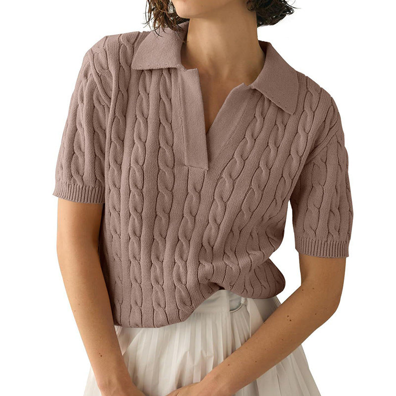 Women's Polo Collar Short-sleeved Knitted Sweater Pullover