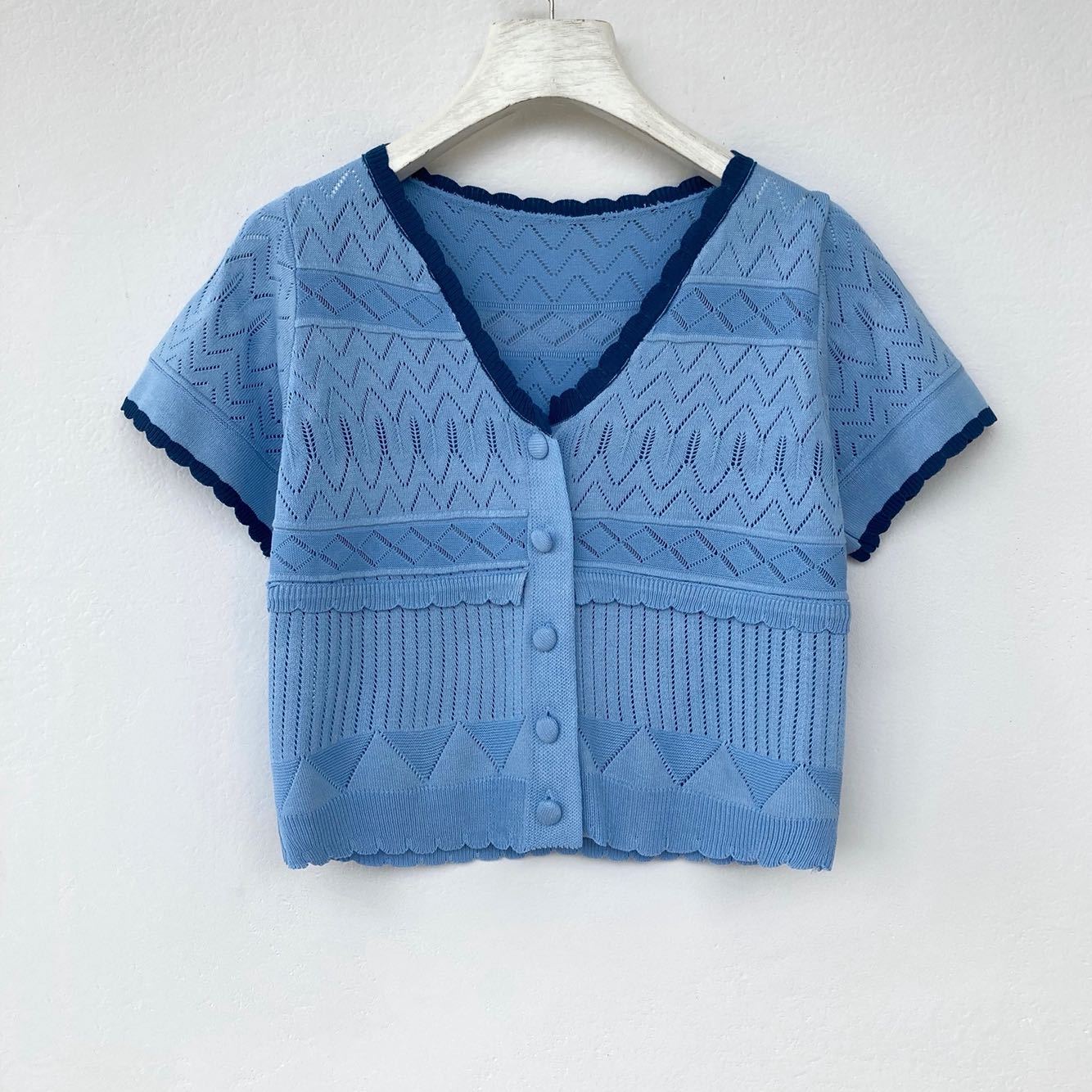 Knitted Short-sleeved T-shirt Cut Out Jacquard Short Top