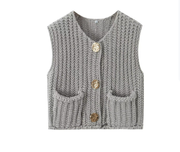 Women's Pocket Sleeveless Short Knitted Cardigan Vest Shirt