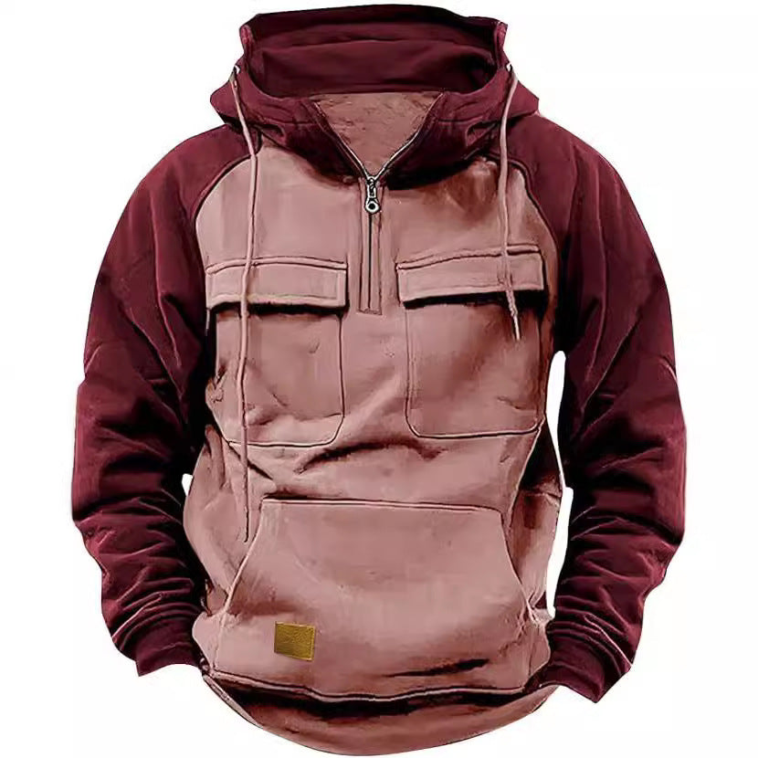 Fall Winter Retro Cargo Hoodies Men's Half Zipper Hooded