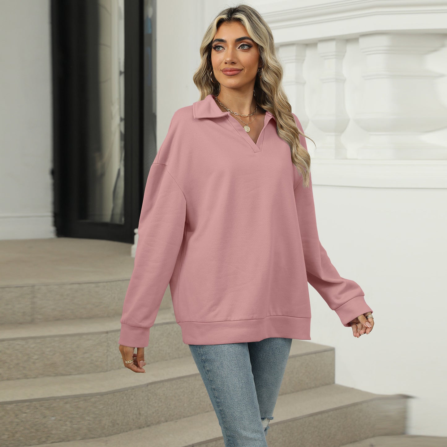 New Lapel V-neck Sweatshirt Fashion Casual Loose