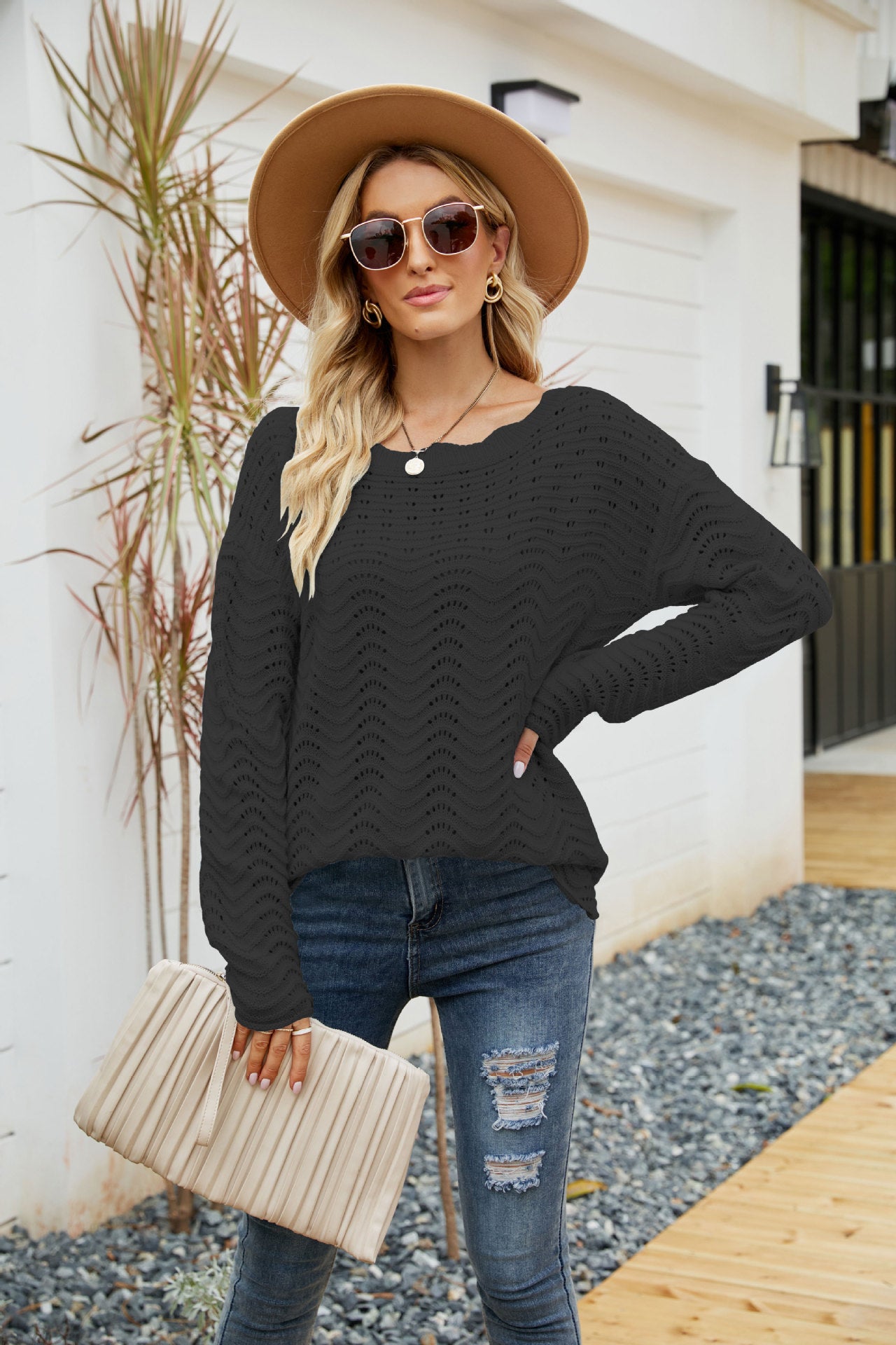 Hollow Pullover Lace Knit Word Neck Off Shoulder Sweater