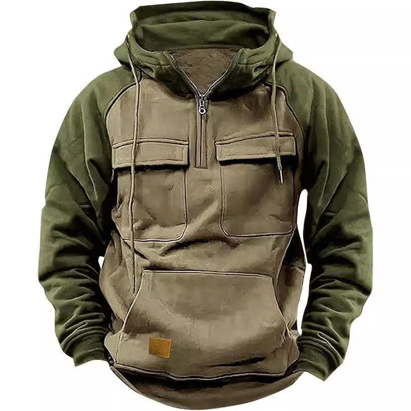 Fall Winter Retro Cargo Hoodies Men's Half Zipper Hooded