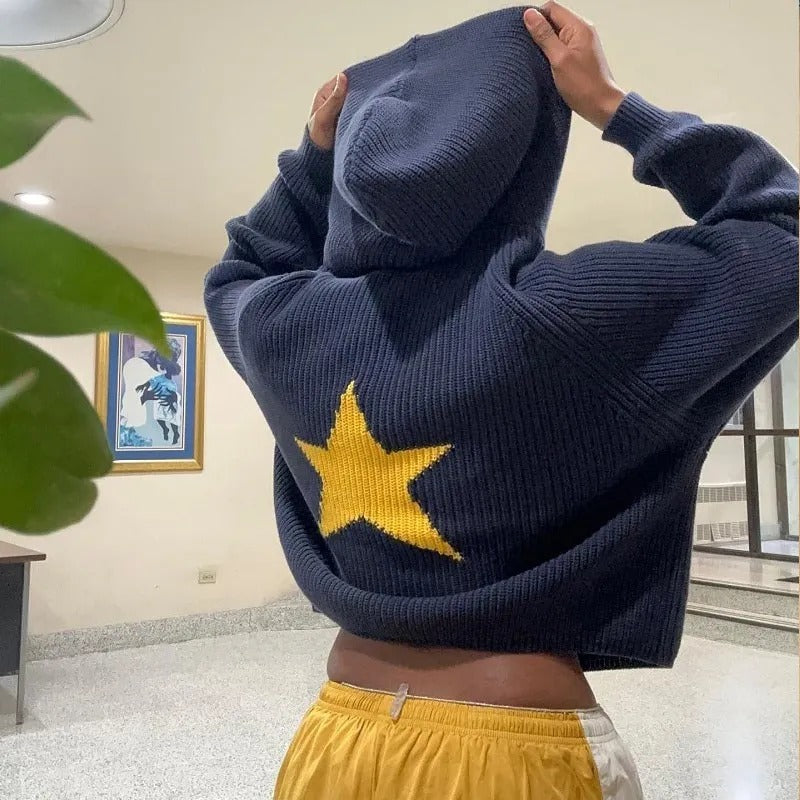 Female Star Sunken Stripe Men's Knitted Hooded Sweater