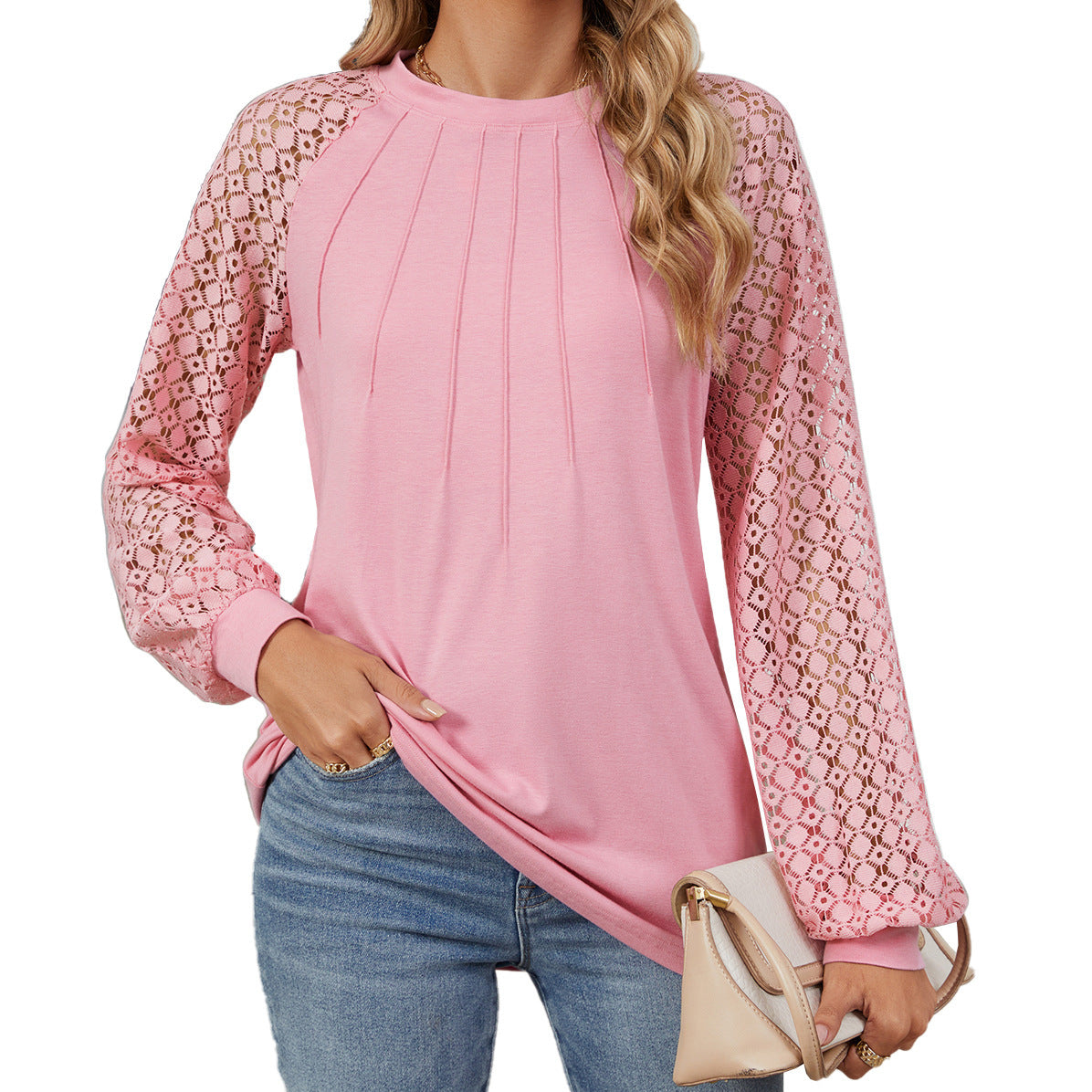 New Lace Long Sleeve Round Neck T-shirt Fashion Loose