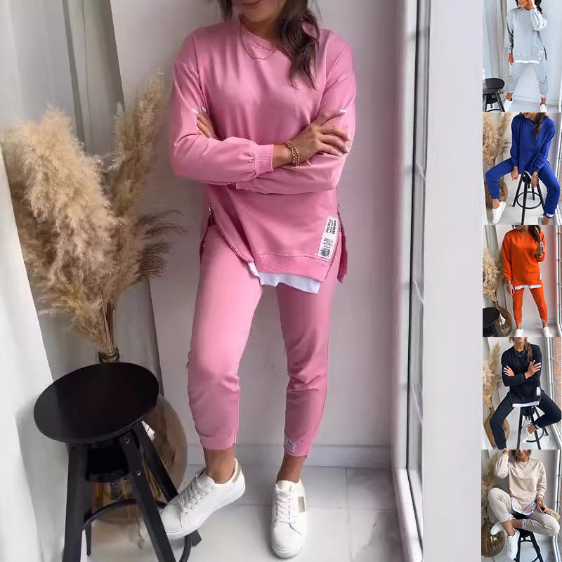 Women's Sports Suit Fashion Slit Design Sweatshirt Top And Slim-fit