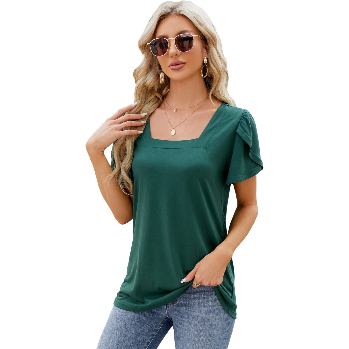 Summer Top Fashion Square Neck Printed Short-sleeved T-shirt
