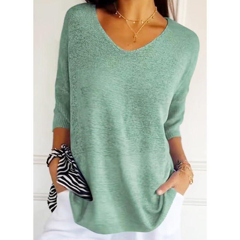 Solid Long Sleeve Sweater Slimming V-neckline Knitwear