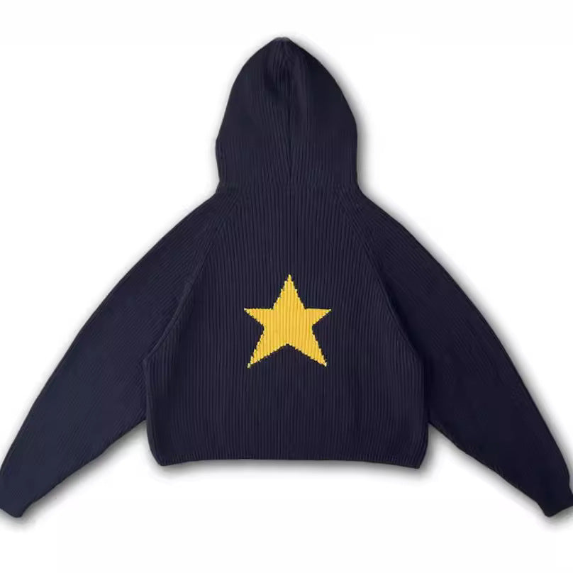 Female Star Sunken Stripe Men's Knitted Hooded Sweater