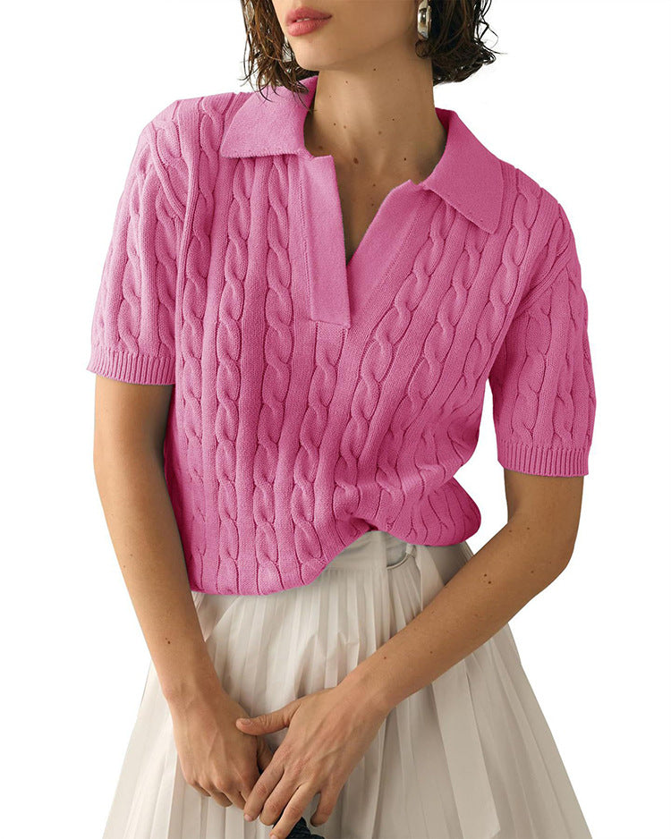 Women's Polo Collar Short-sleeved Knitted Sweater Pullover