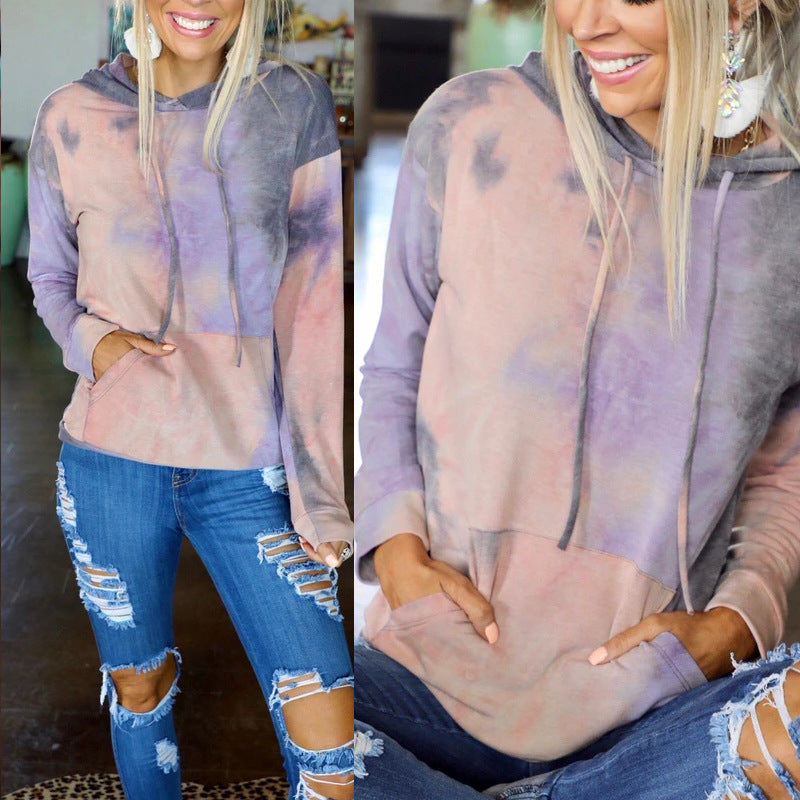 Tie-Dye Printed Long-Sleeved Hooded Lace-Up Sweatshirt