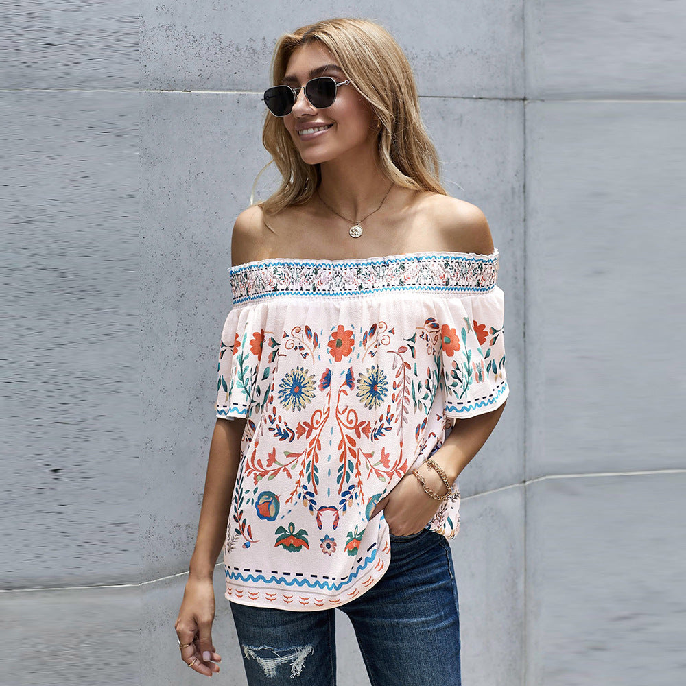 Women's Printed T-shirt Loose Off Shoulder Top