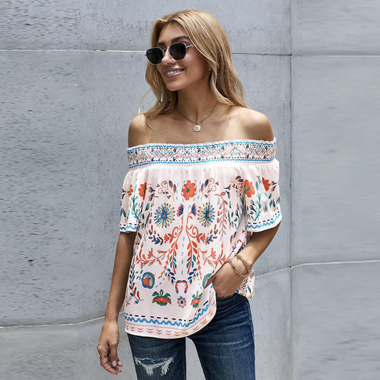 Women's Printed T-shirt Loose Off Shoulder Top